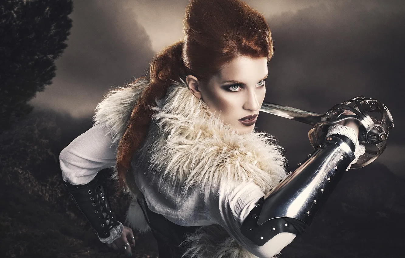 Photo wallpaper look, girl, face, background, steel, hair, sword, arm