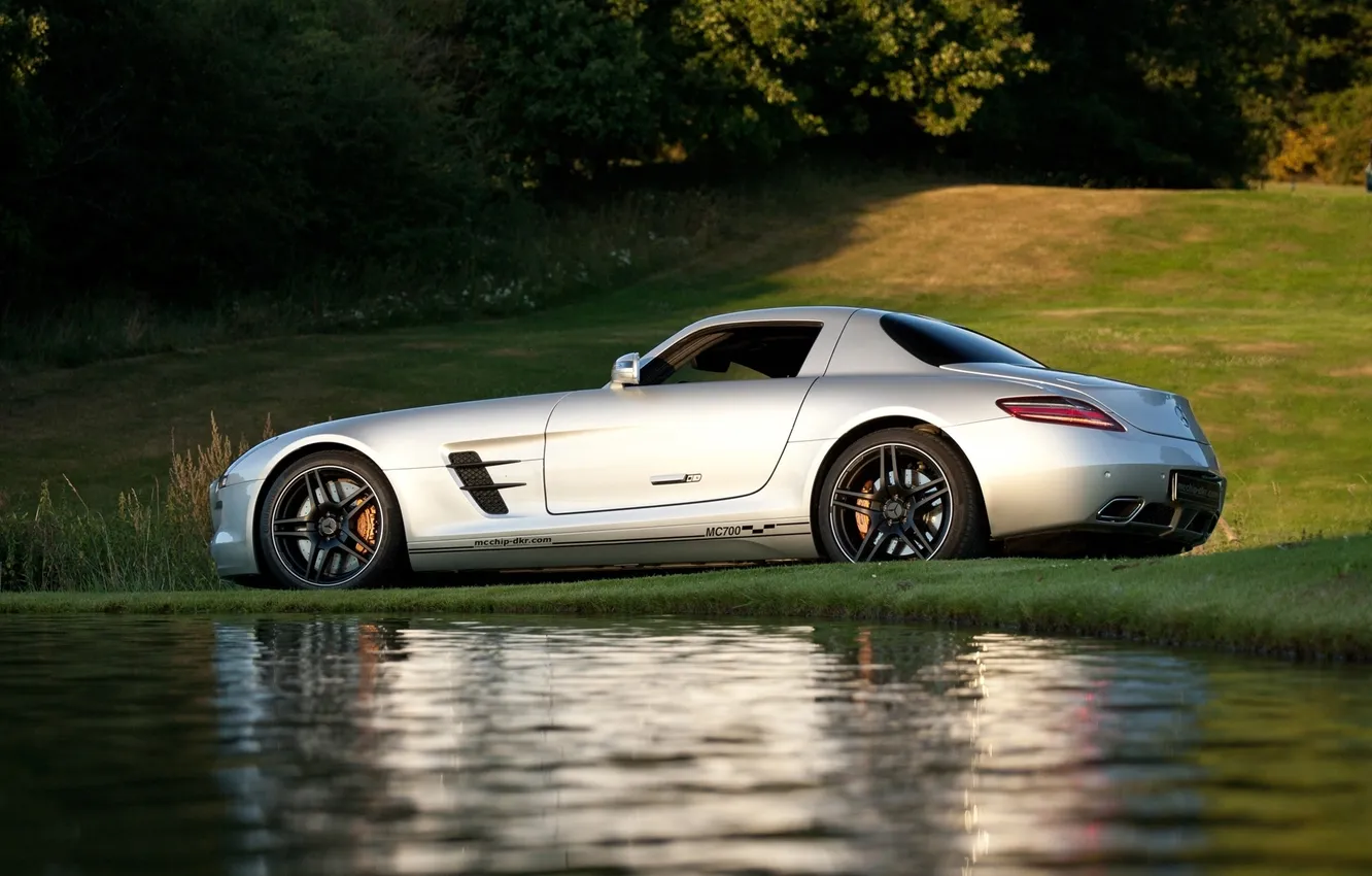 Photo wallpaper water, background, Mercedes-Benz, silver, Mercedes, supercar, rear view, AMG