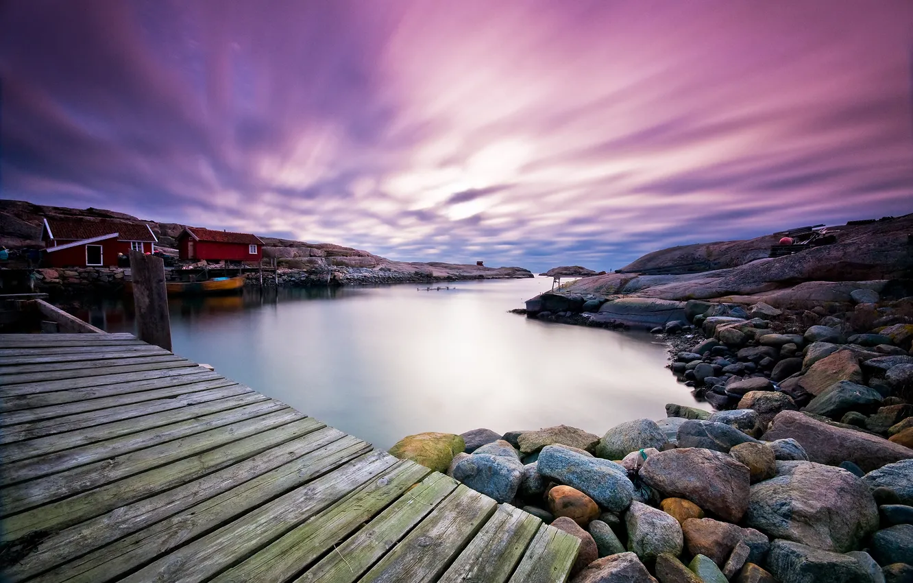 Photo wallpaper the sky, clouds, stones, home, Bay, the bridge