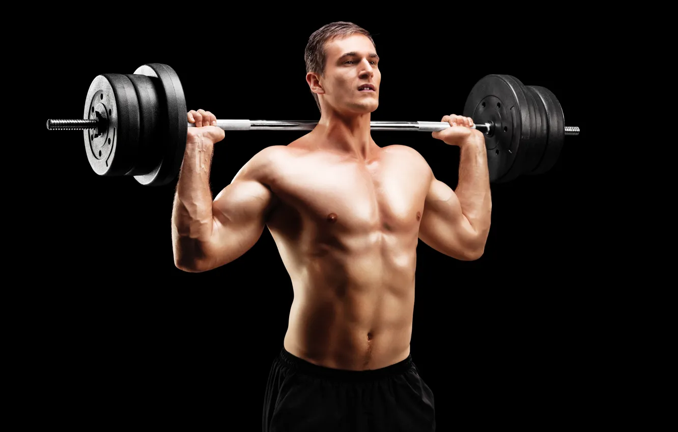 Photo wallpaper pose, figure, muscle, muscle, rod, background black, press, bodybuilder