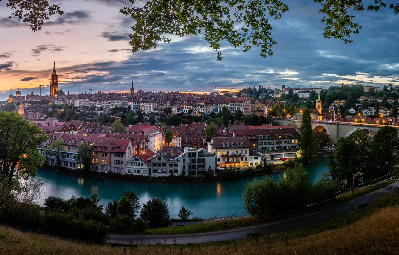 Photo wallpaper trees, river, building, home, Switzerland, Switzerland, Bern, Bern