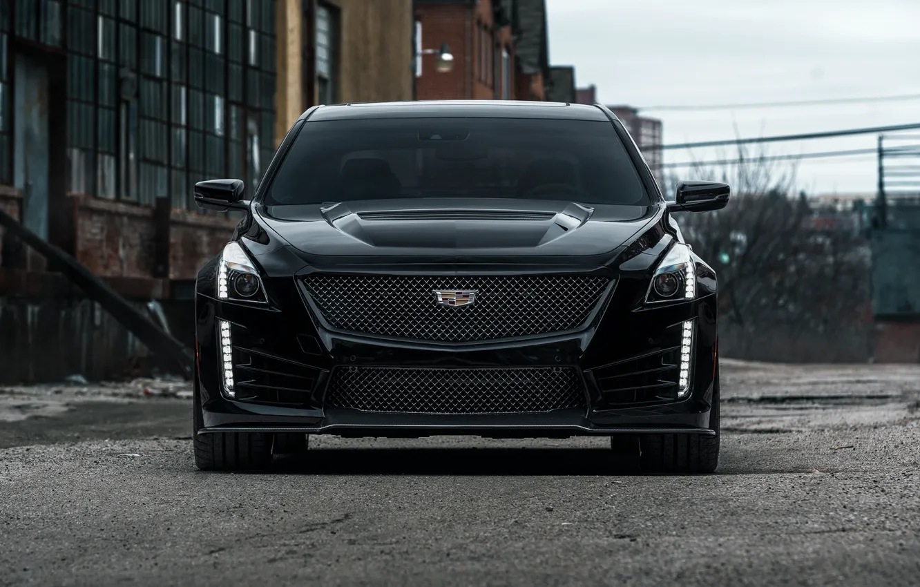 Photo wallpaper Cadillac, Muscle, CTS-V, Front, Black, Lights, Face