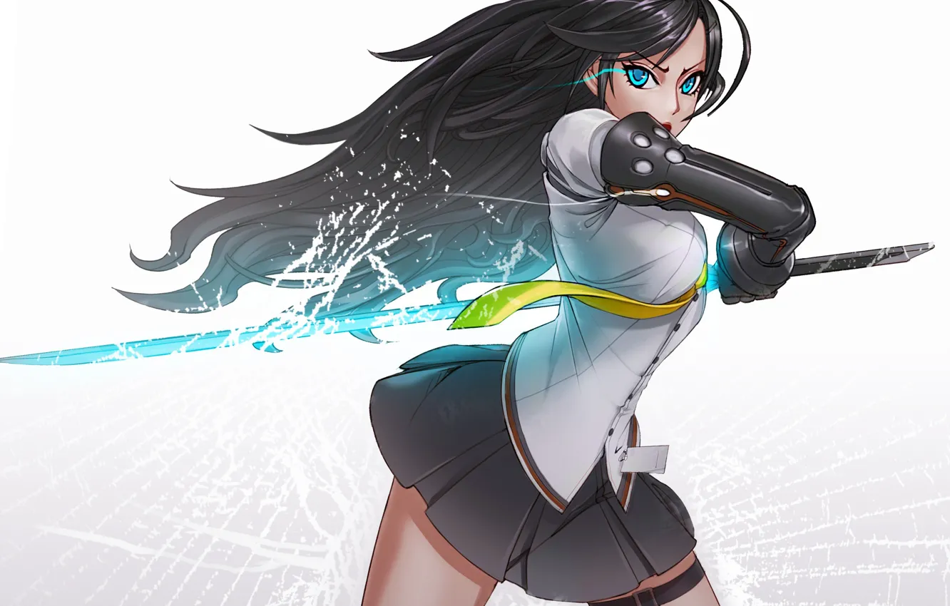 Photo wallpaper girl, hair, skirt, sword, katana, art, tie, shirt