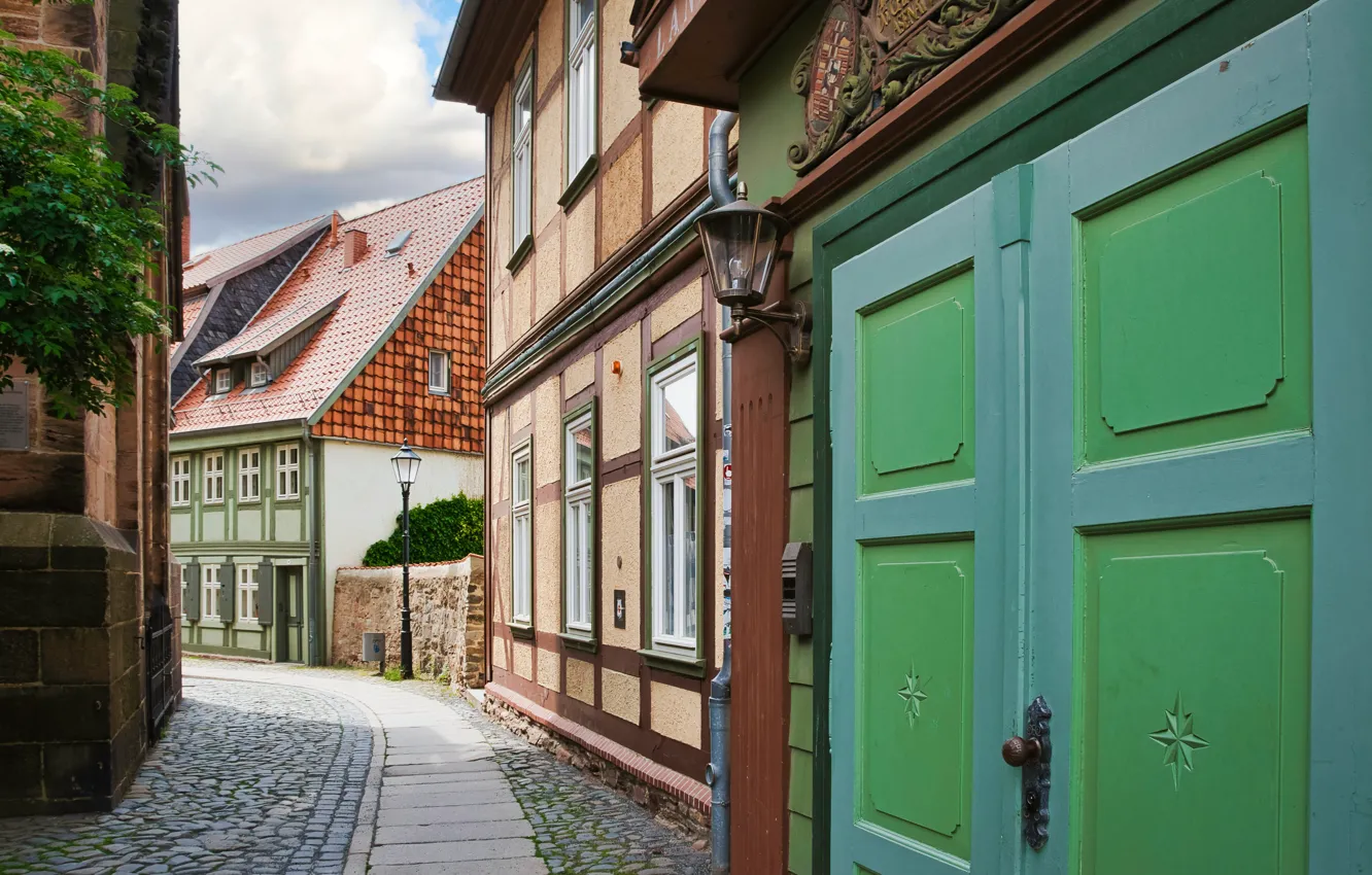Photo wallpaper home, Germany, the door, lights, street, Wernigerode