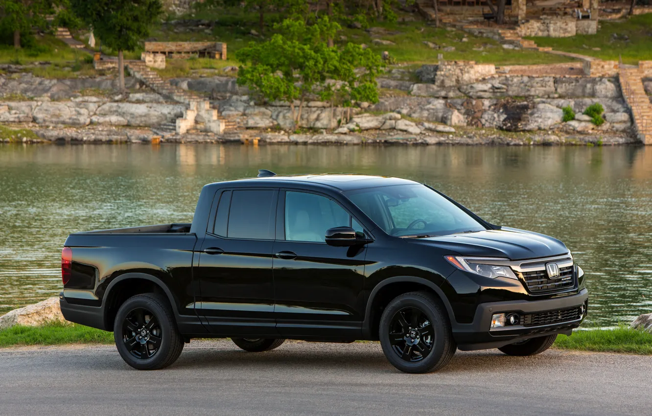 Photo wallpaper black, Honda, pickup, pond, Black Edition, Ridgeline, 2019, stones on the beach