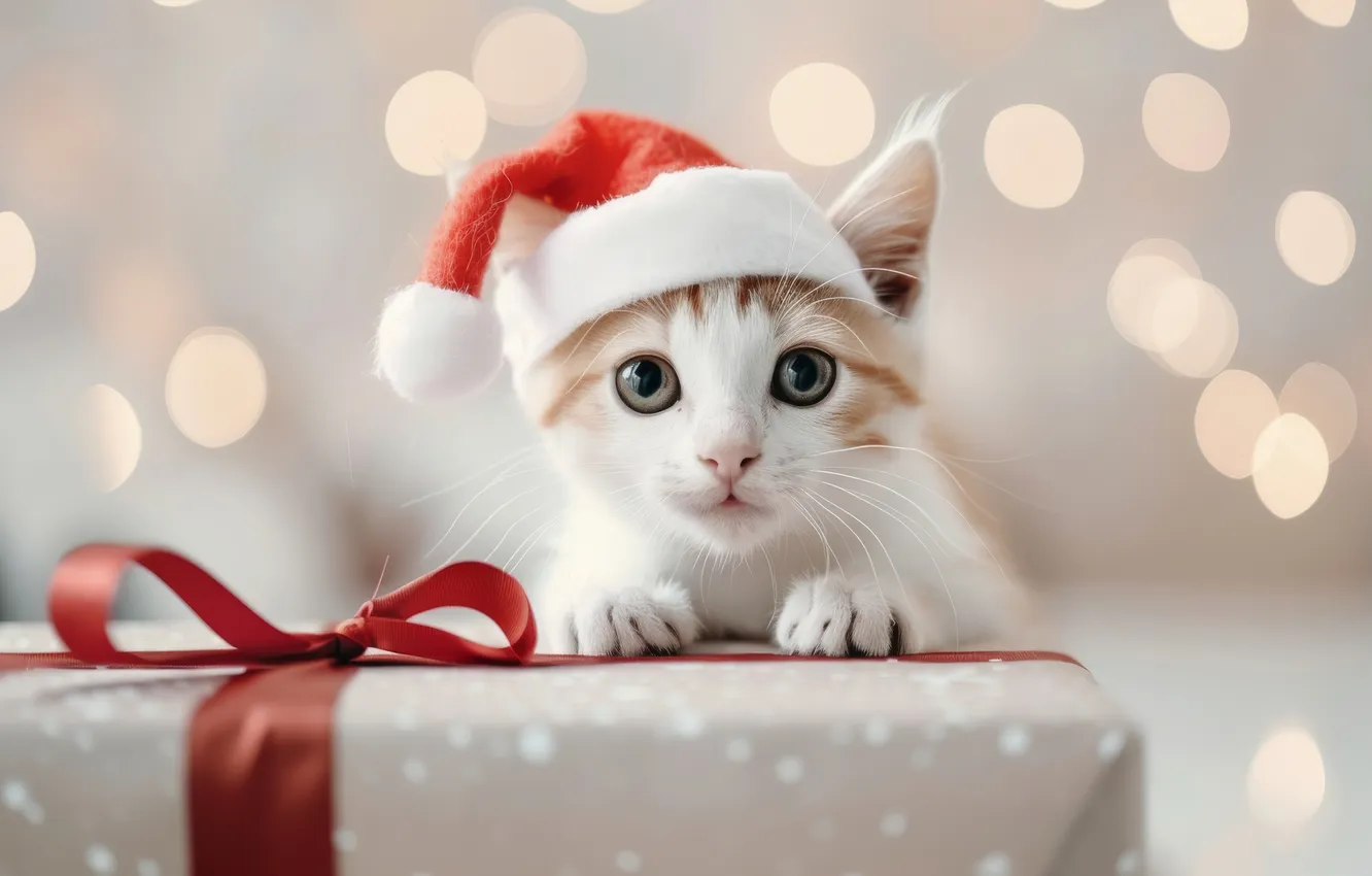 Photo wallpaper cat, white, look, pose, gift, new year, Christmas, kitty