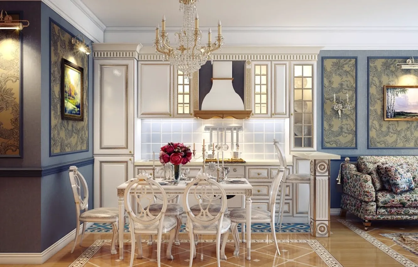 Photo wallpaper design, table, room, interior, chair, chandelier, dining room