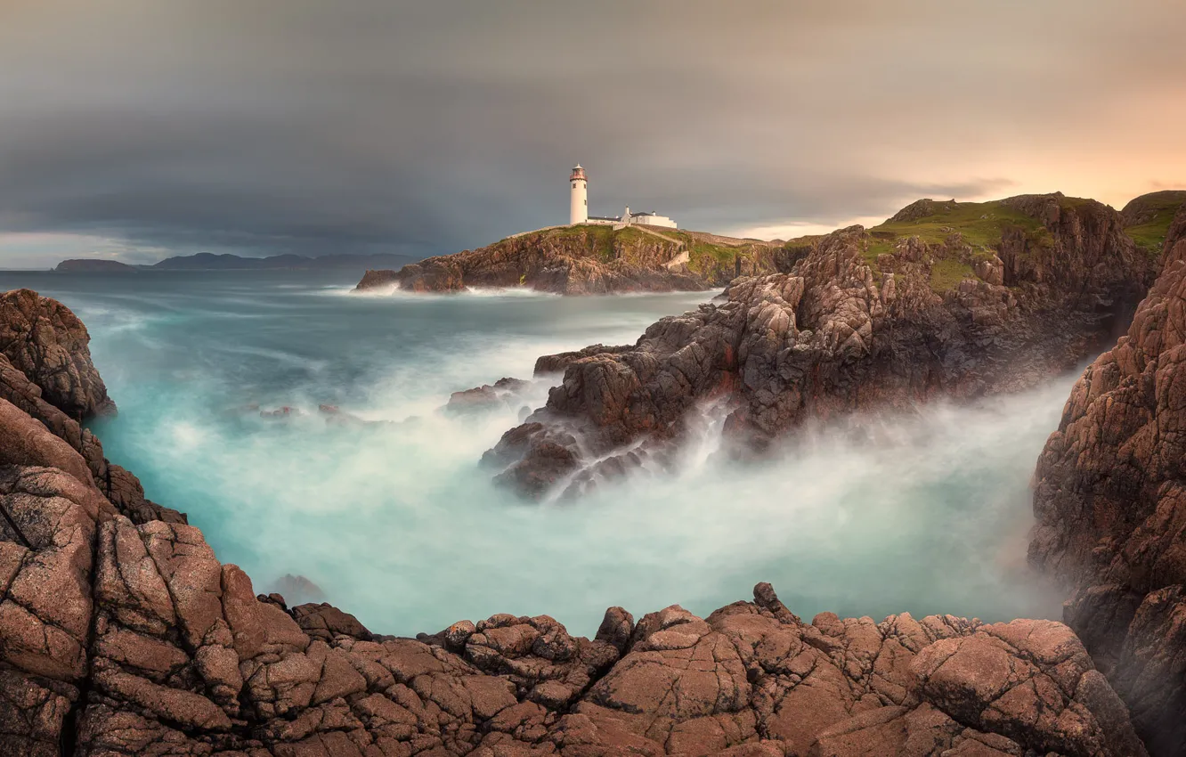 Photo wallpaper landscape, the ocean, rocks, lighthouse, Bay, Ireland, harbour, Atlantic