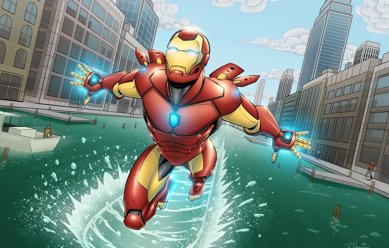 Photo wallpaper city, river, Iron Man, Marvel, Comics, Tony Stark