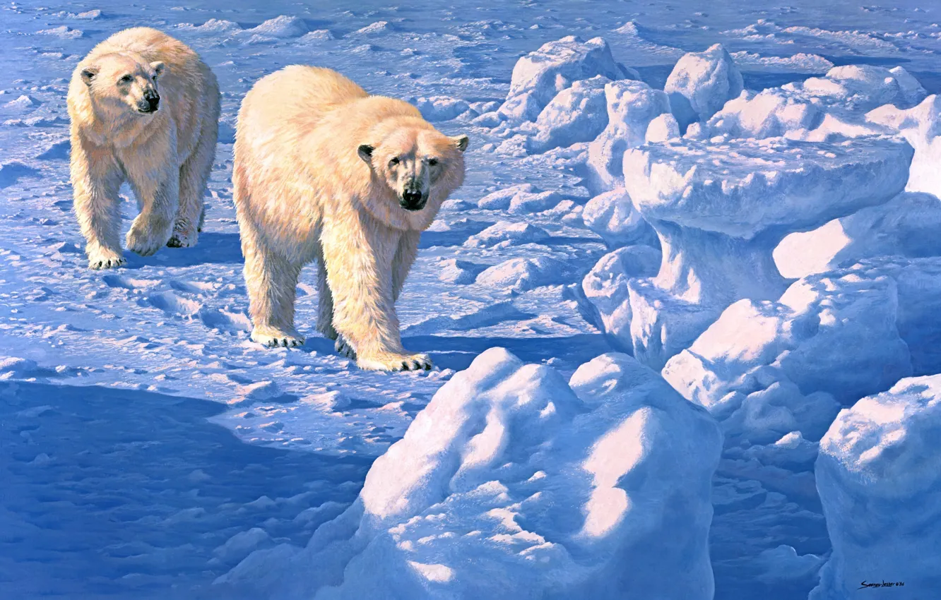 Photo wallpaper winter, snow, bears, painting, polar bear, John Seerey-Lester, Along the Ice Floe, polar