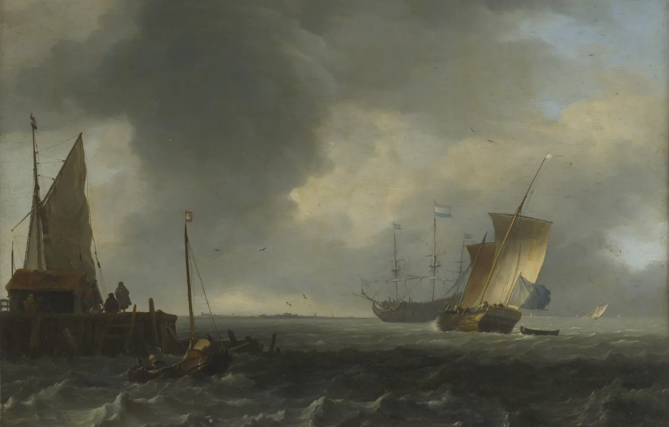 Photo wallpaper landscape, ship, picture, sail, Ludolf Bakhuizen, Ludolf Bakhuizen, River view near Dordrecht