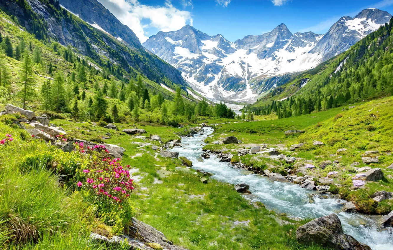 Photo wallpaper mountains, stream, Valley