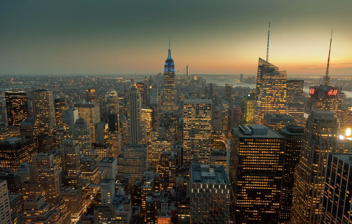 Photo wallpaper city, lights, USA, skyline, sunset, New York, Manhattan, NYC