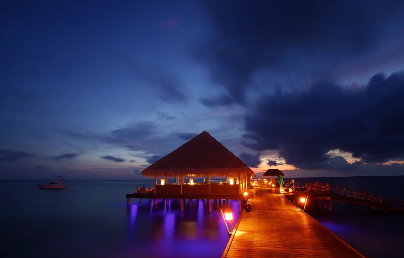 Photo wallpaper the ocean, pierce, The Maldives, beach, Bungalow, sea, ocean, sunset
