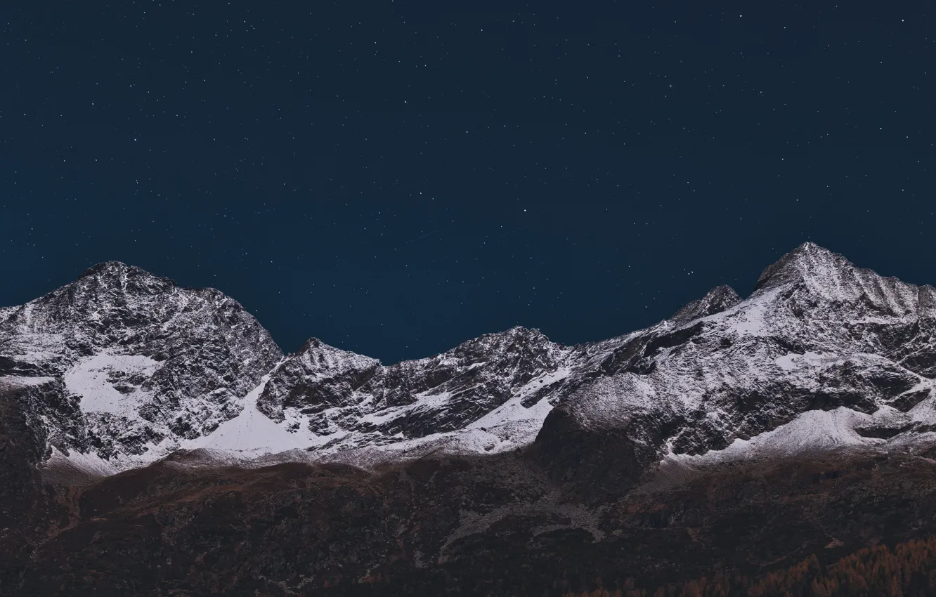 Photo wallpaper winter, the sky, stars, snow, trees, mountains, night, nature