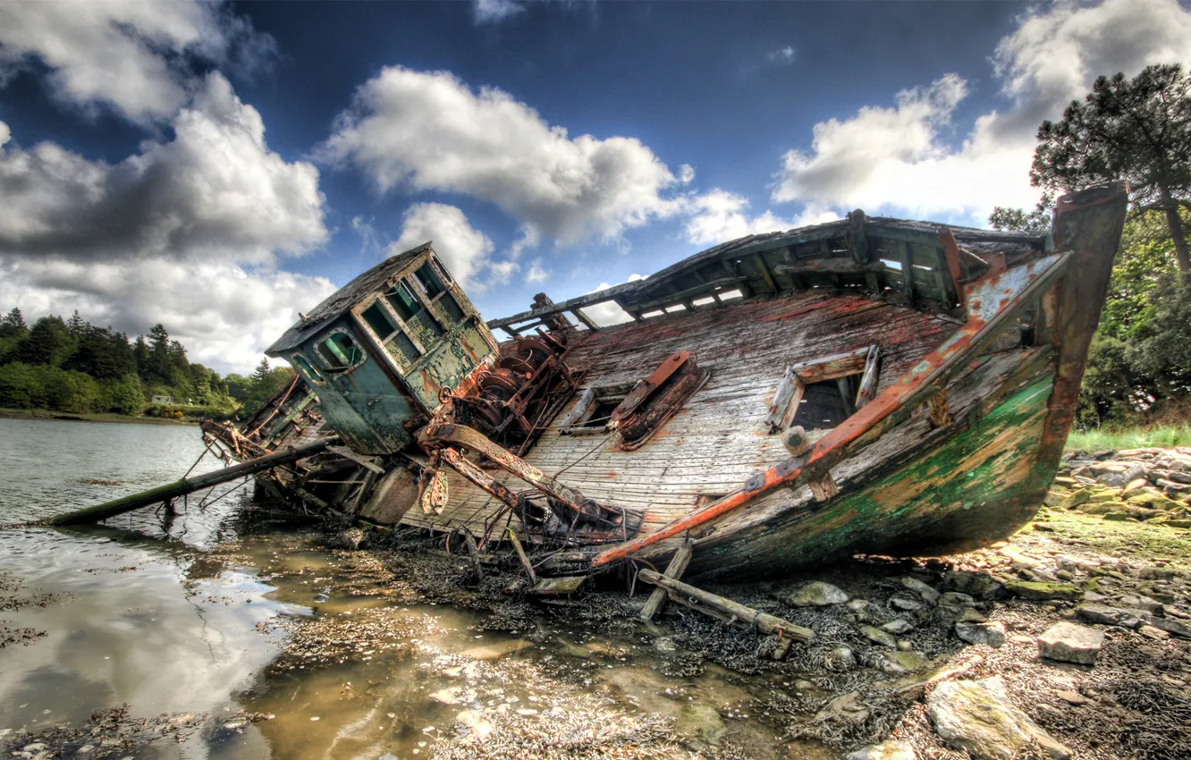 Photo wallpaper river, ship, destruction, old