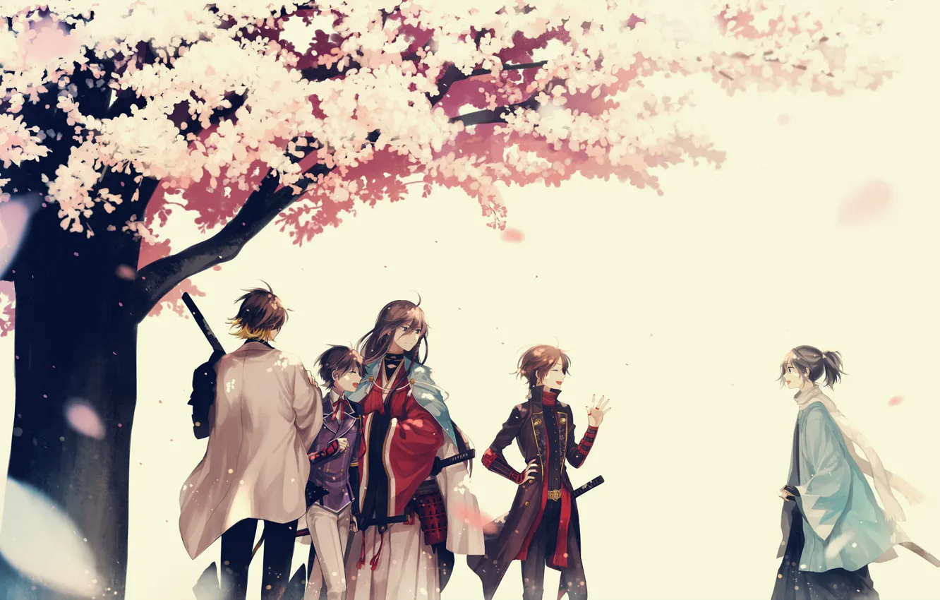 Photo wallpaper guys, friends, smile, military uniform, katana, the trunk of the tree, Touken Ranbu, Dance Of …