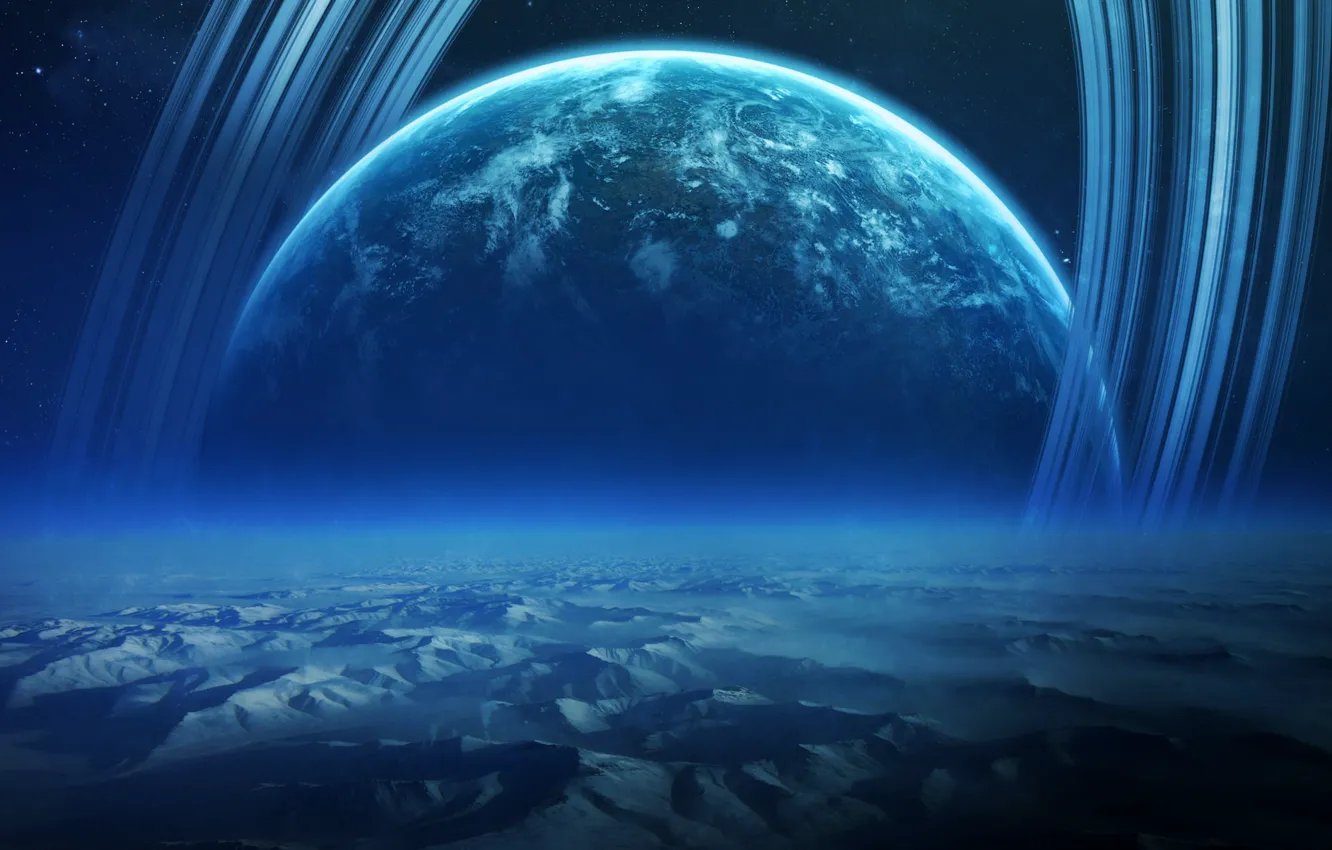 Photo wallpaper space, surface, mountains, hills, planet, ring, art, art