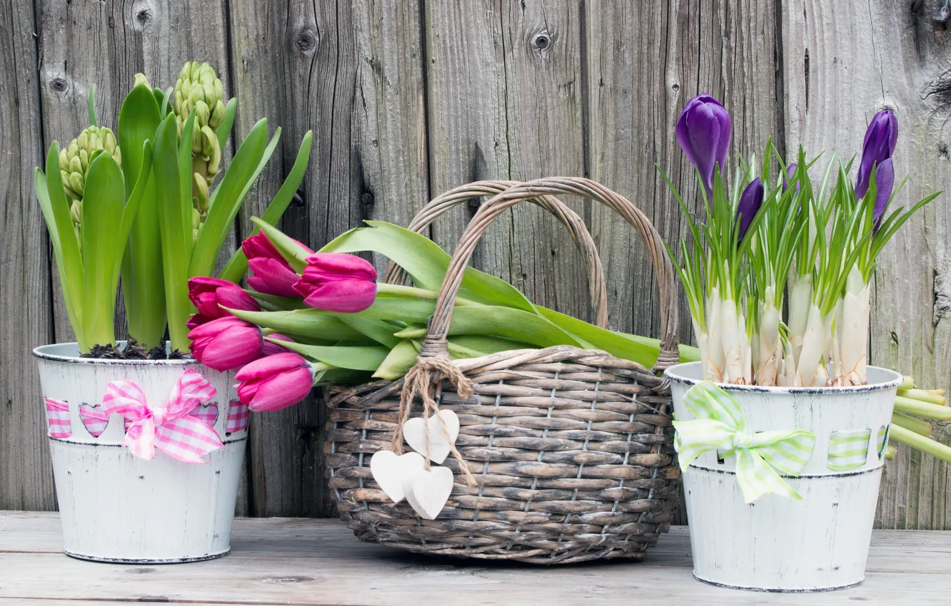 Photo wallpaper flowers, bouquet, crocuses, tulips, basket, wood, flowers, romantic