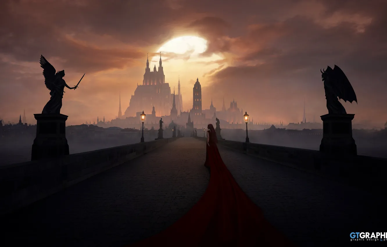 Photo wallpaper the sky, clouds, bridge, castle, woman, angels and demons