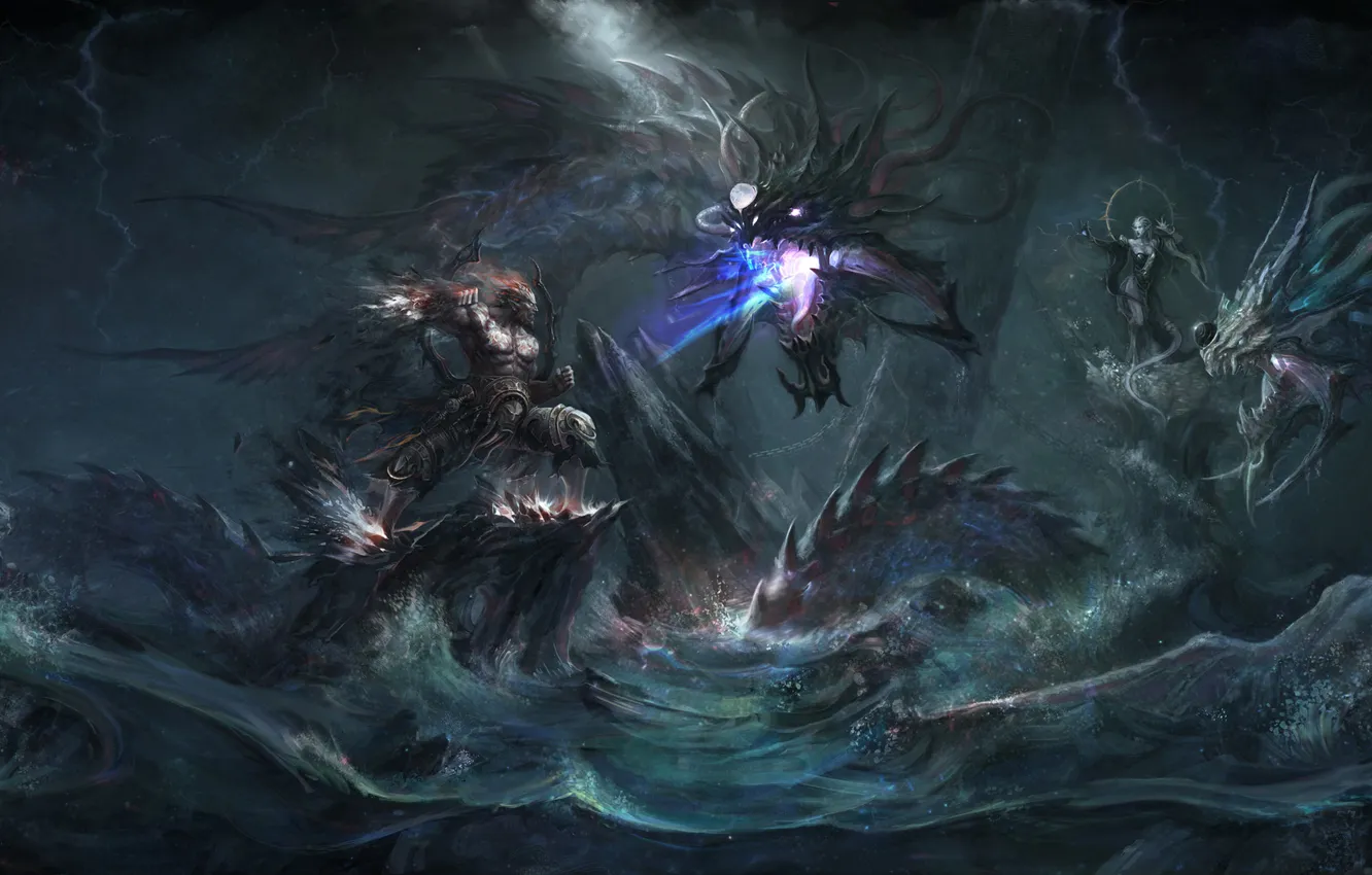 Photo wallpaper water, rocks, dragon, monster, art, chain, battle, gloomy