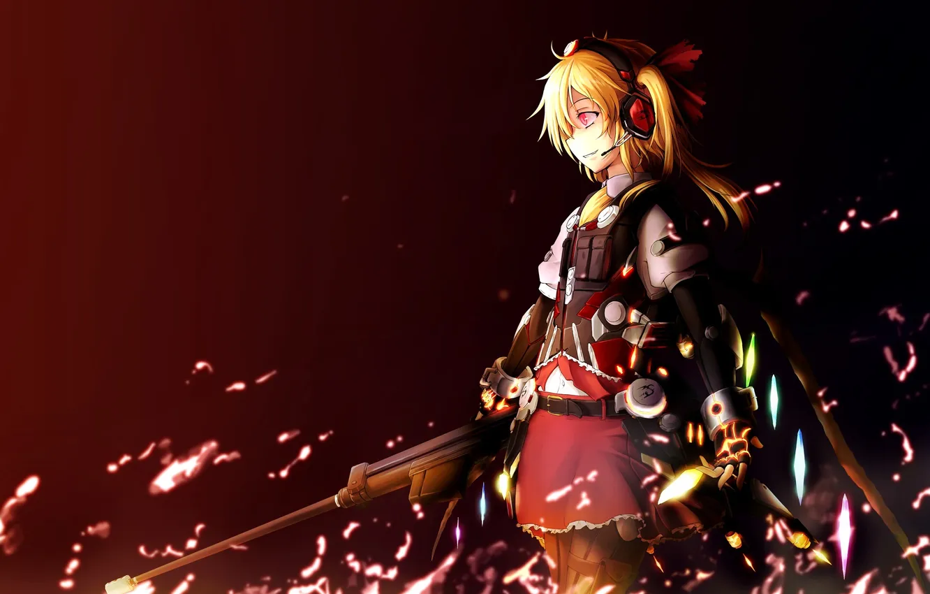 Photo wallpaper look, girl, lights, weapons, headphones, touhou, grin, art