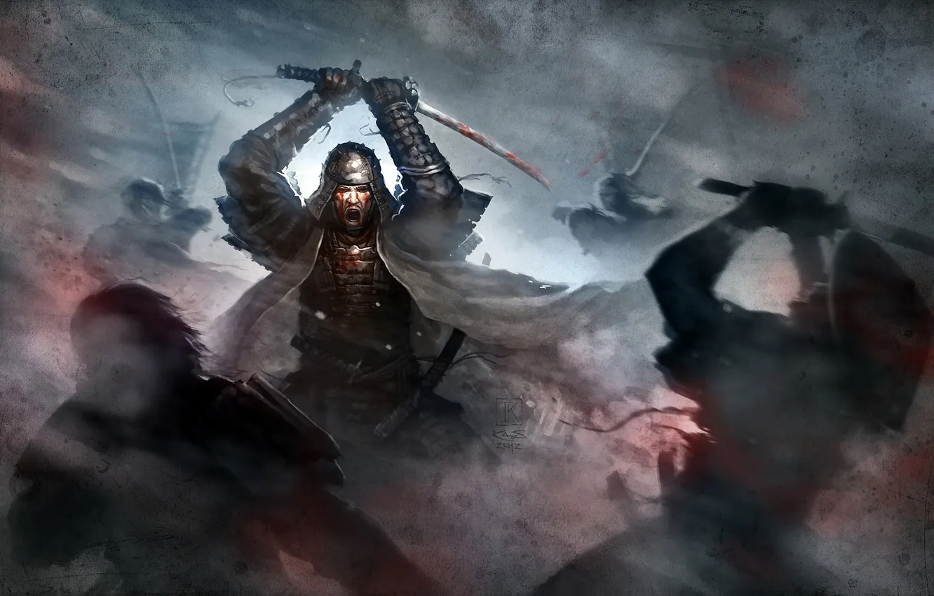Photo wallpaper blood, sword, katana, art, rage, samurai, armor, battle