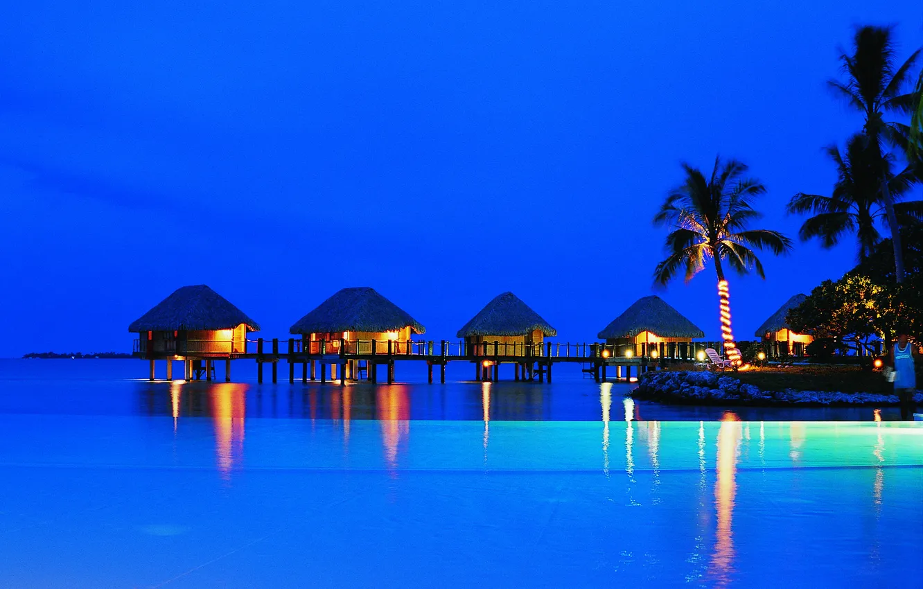 Photo wallpaper night, lights, palm trees, the ocean, the evening, Bungalow, French Polynesia, islands
