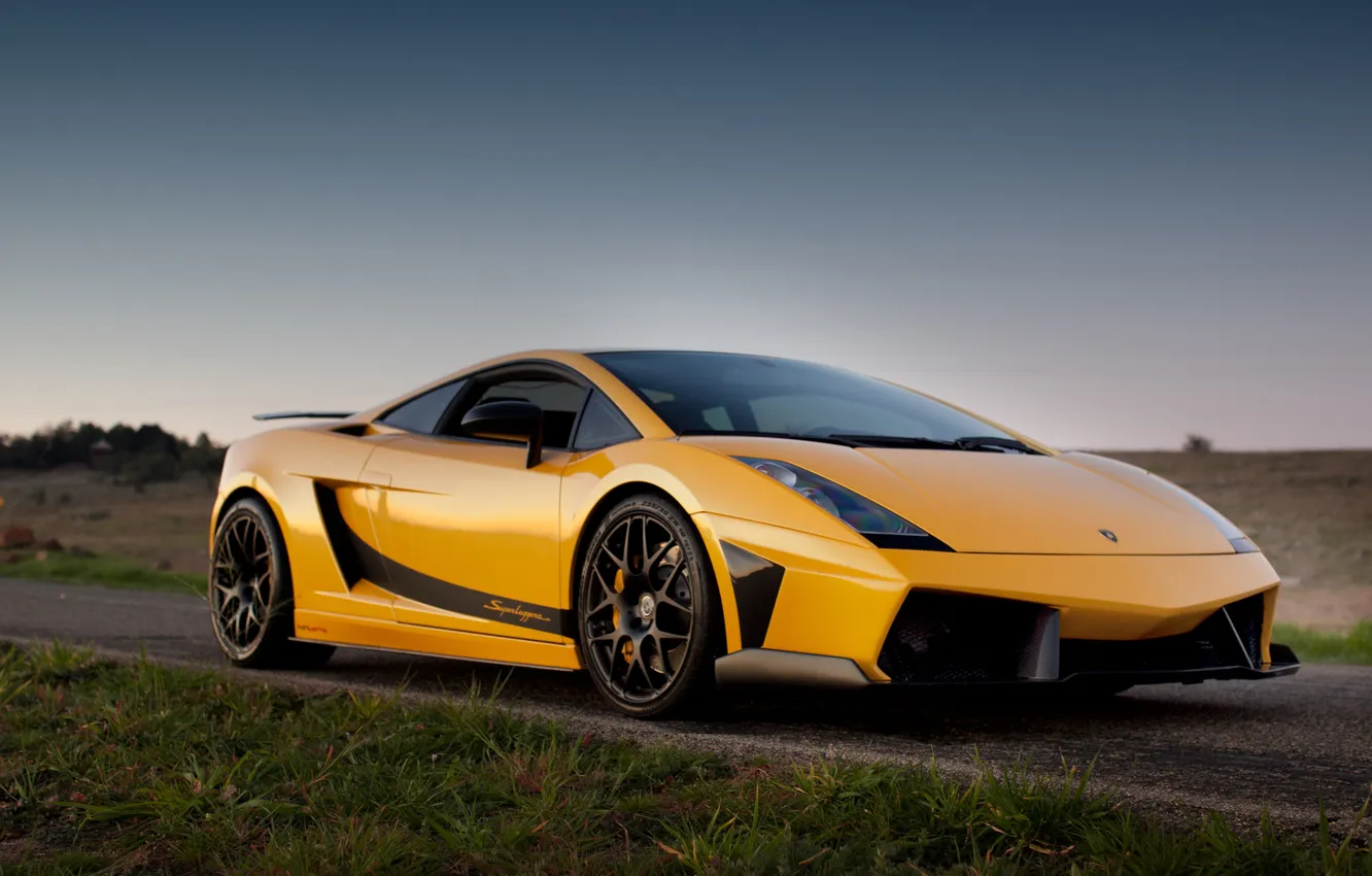Photo wallpaper road, the sky, grass, orange, Lamborghini, Gallardo, orange, Lamborghini