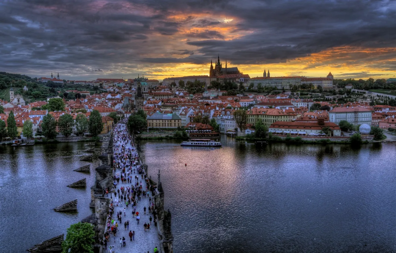 Photo wallpaper the city, river, people, the evening, Prague, Czech Republic, Prague, The Czech Republic