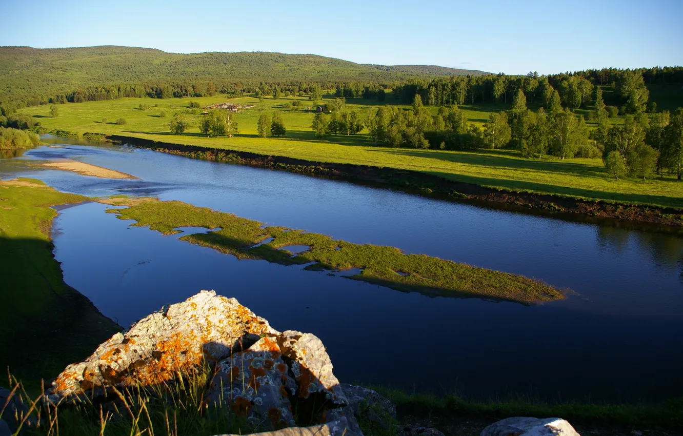 Photo wallpaper forest, the sky, grass, water, trees, landscape, river, photo