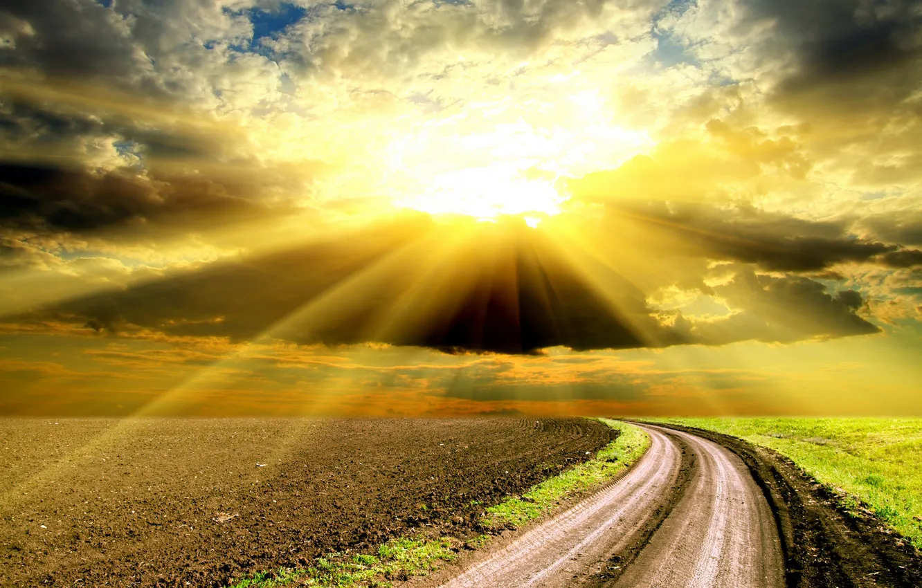 Photo wallpaper road, field, the sky, the sun, clouds, rays, sunset, clouds