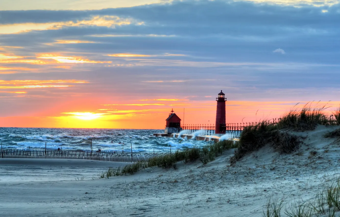 Photo wallpaper sea, landscape, sunset, lighthouse