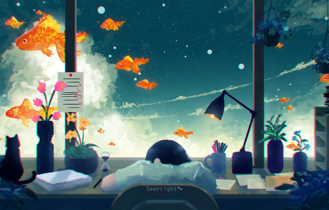 Photo wallpaper cat, the sky, girl, table, sleeping, goldfish, by SeerLight