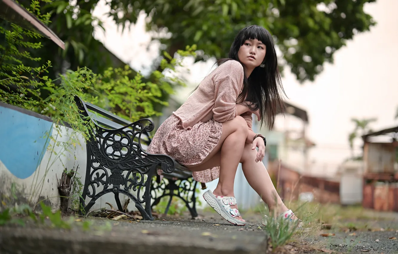 Photo wallpaper girl, Asian, bench