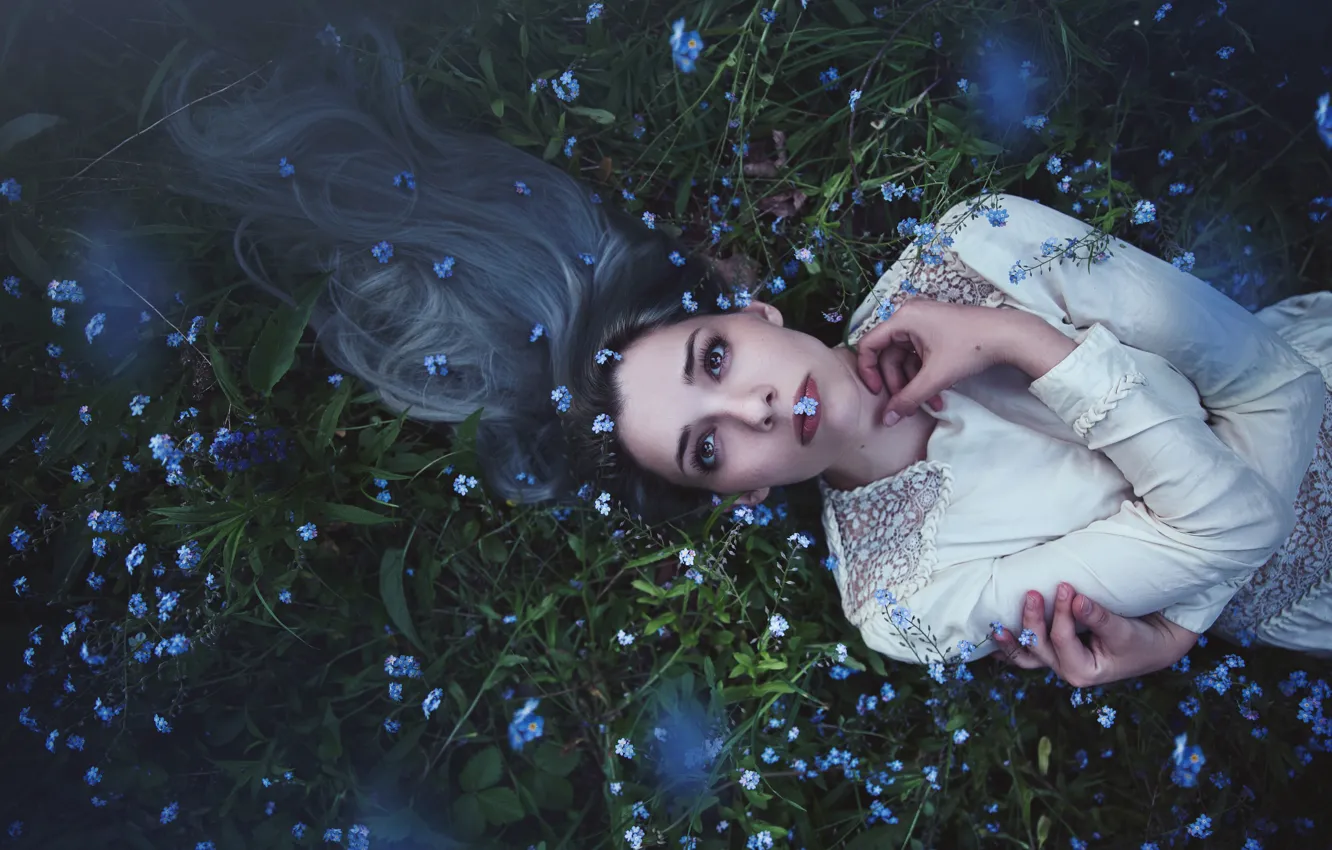 Photo wallpaper look, girl, flowers, face, pose, youth, glade, hair