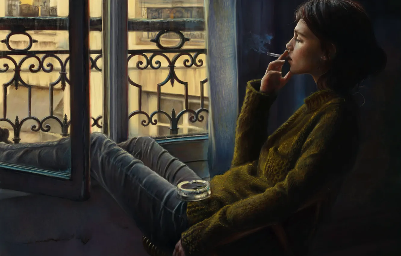 Photo wallpaper girl, window, art, cigarette, smokes, ashtray