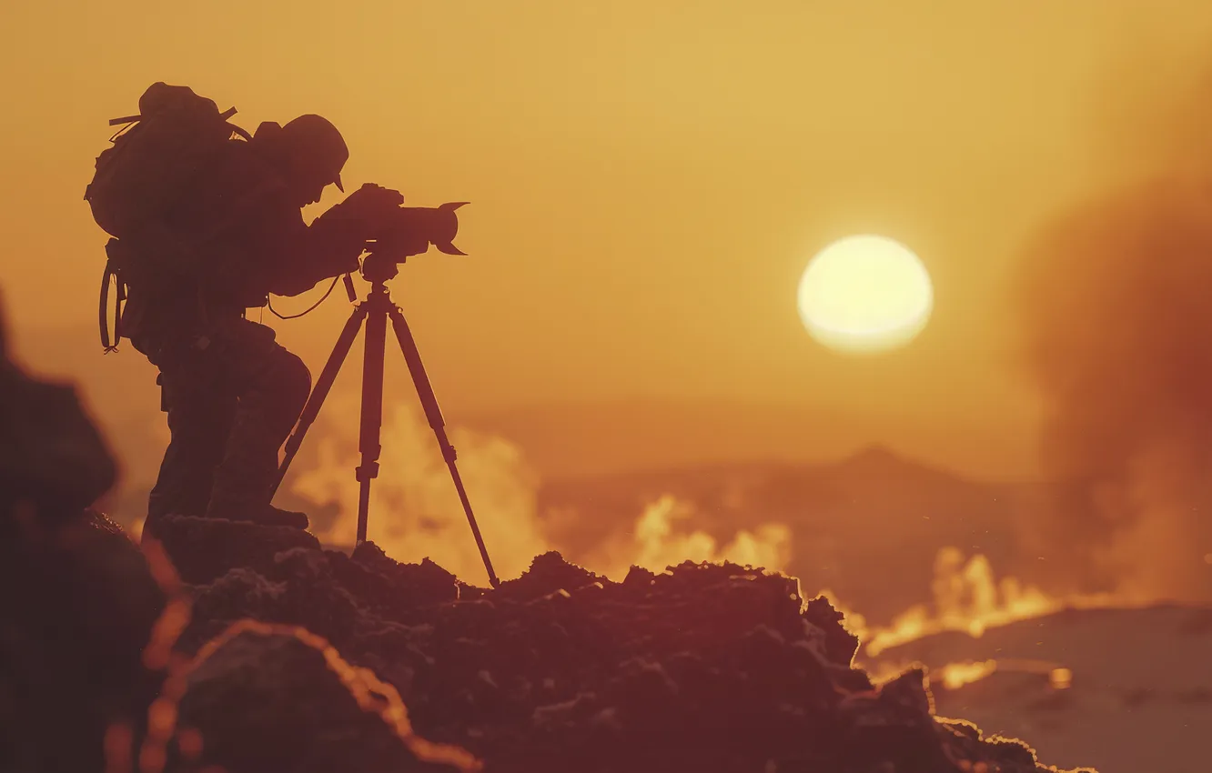 Photo wallpaper the sun, dawn, the camera, male, digital art, AI art, The Art of Artificial Intelligence, …