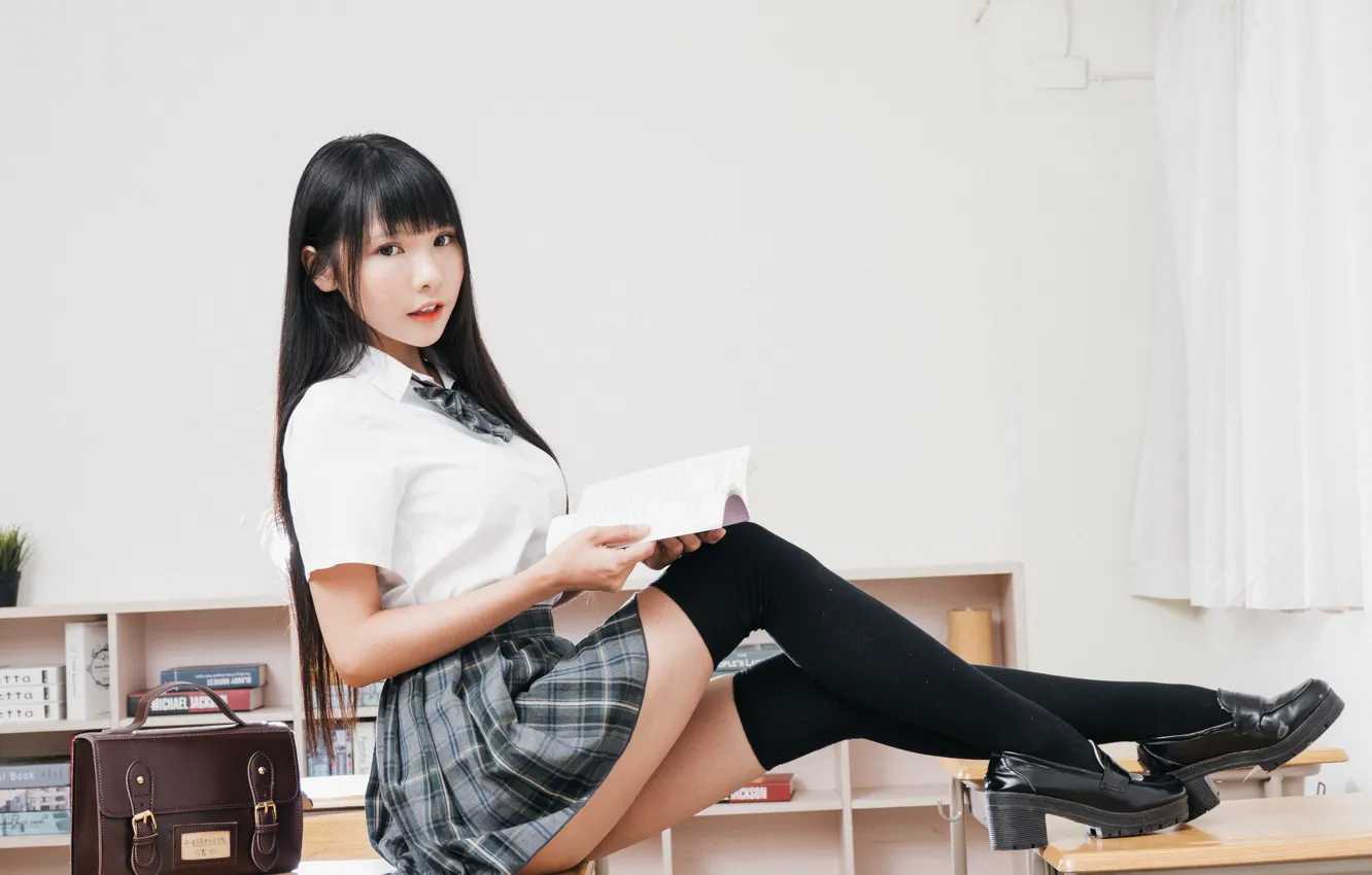 Photo wallpaper girl, legs, stockings, model, beauty, asian, skirt, Sweetheart