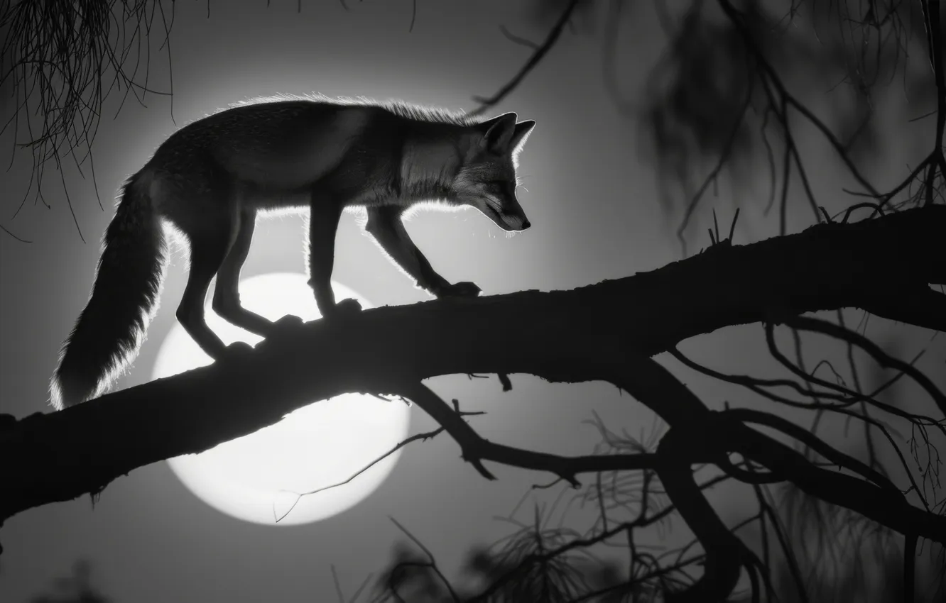 Photo wallpaper trees, night, the moon, Fox, black and white, the full moon, predator, digital art