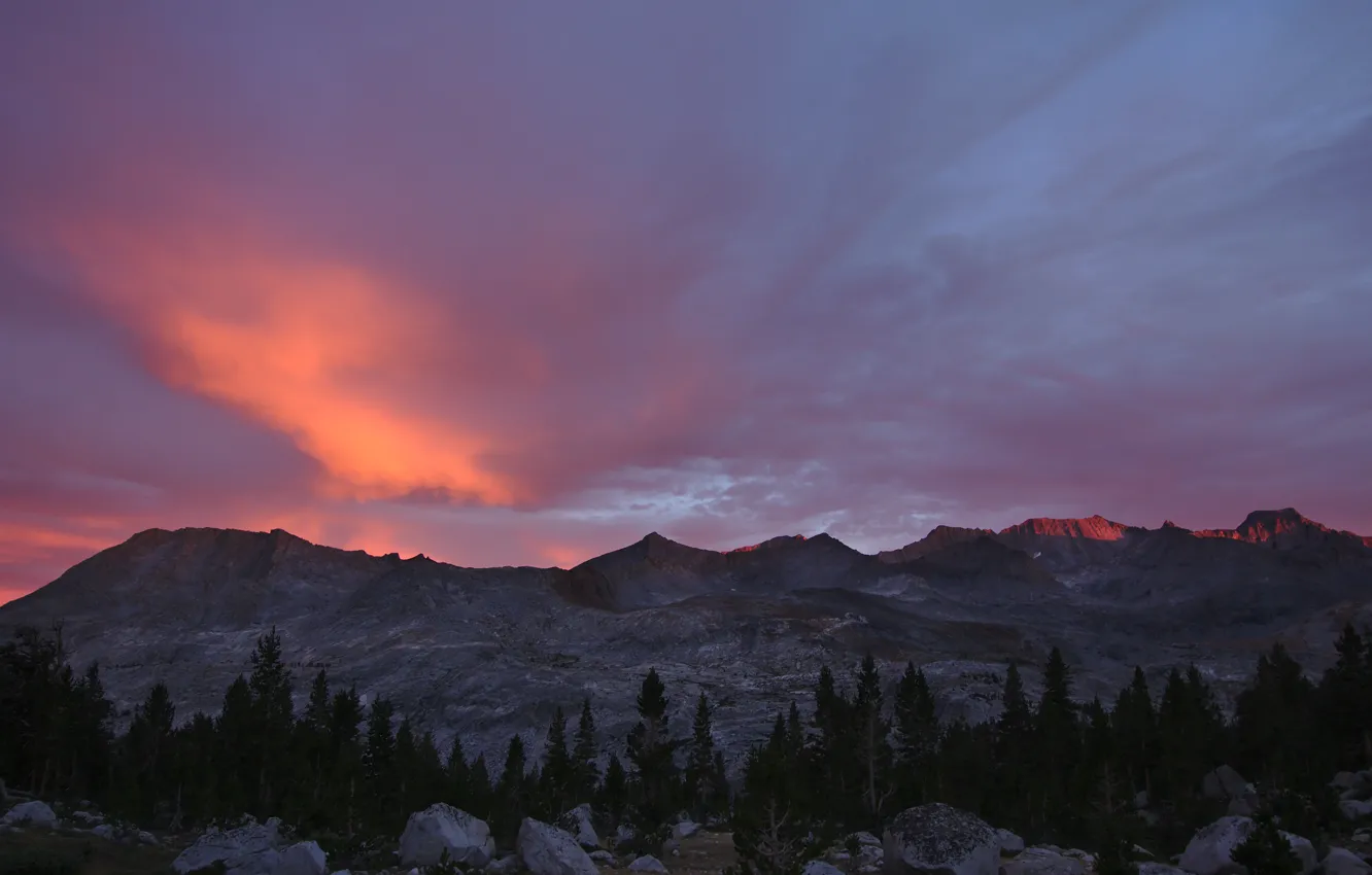 Photo wallpaper the sky, clouds, trees, sunset, mountains, nature, stones, rocks