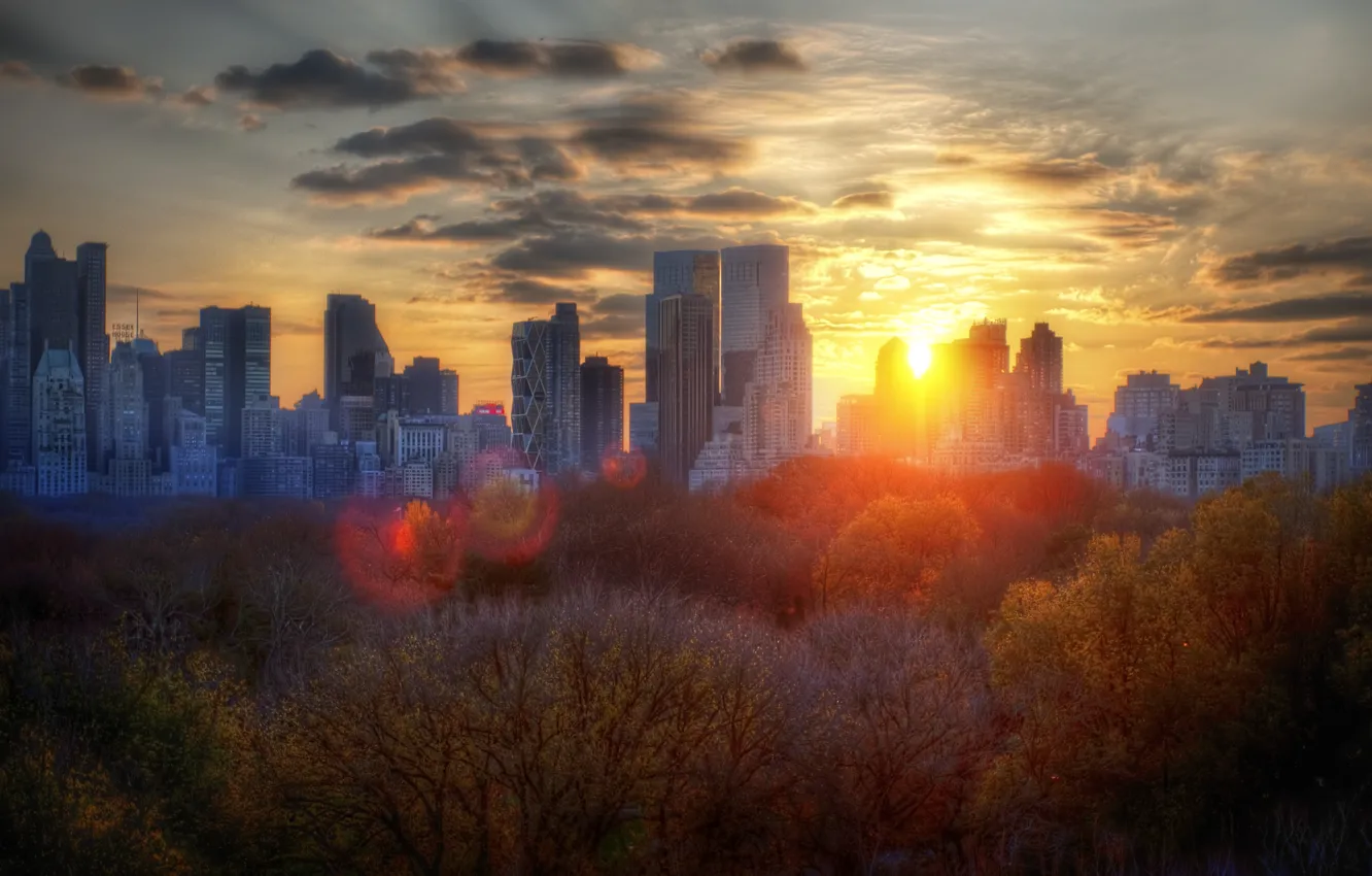 Photo wallpaper autumn, clouds, trees, sunset, building, sunset, New York, autumn