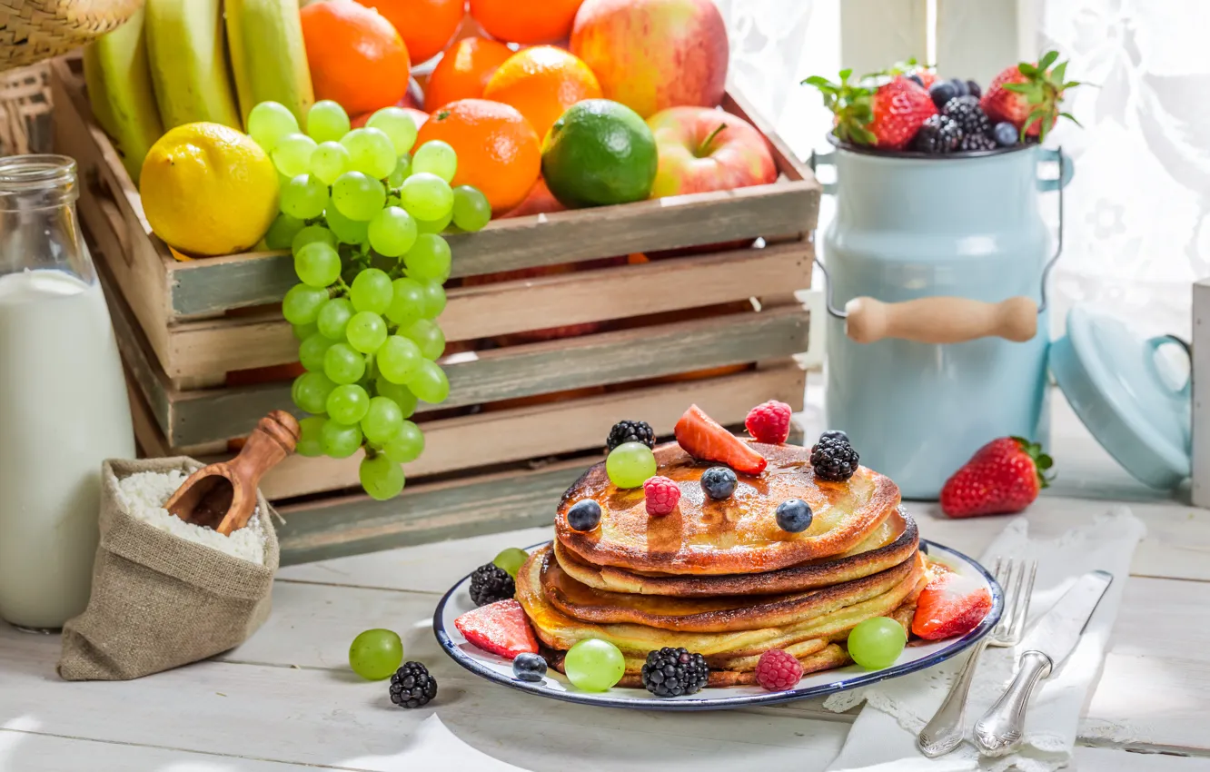 Photo wallpaper berries, fruit, pancakes, cakes, fruit, berries, breakfast, pancakes