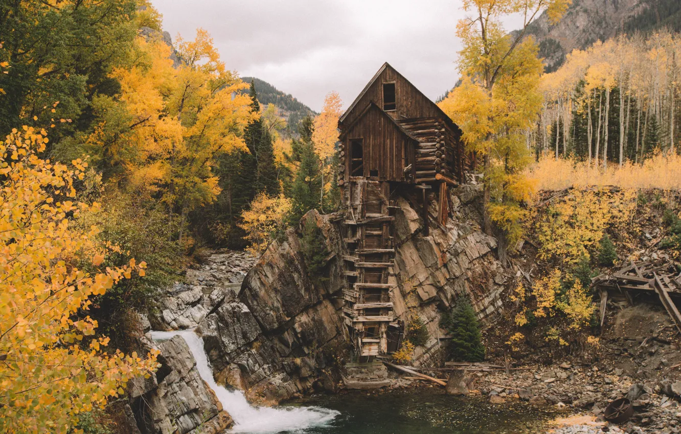 Photo wallpaper autumn, forest, trees, nature, river, rocks, house, hut
