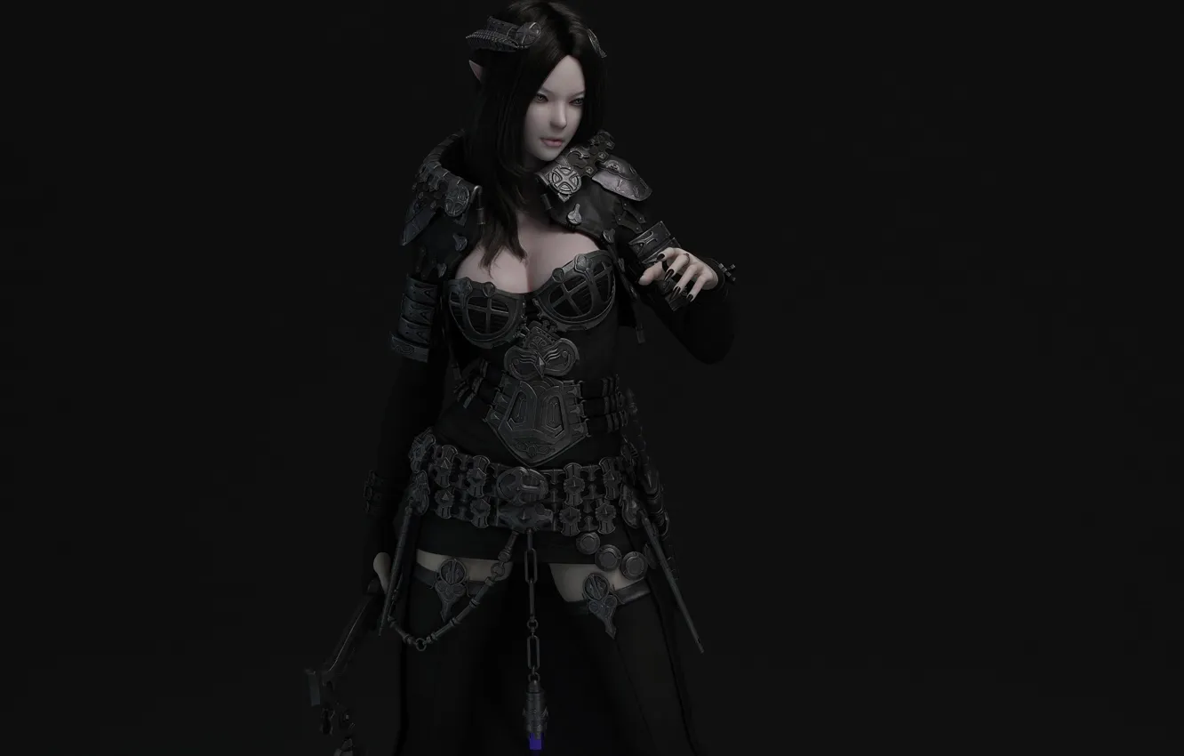Photo wallpaper girl, the dark background, weapons, armor, ears, render