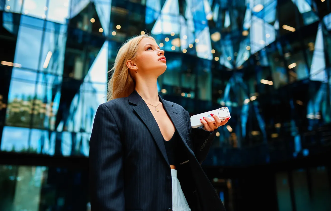 Photo wallpaper girl, blonde, phone, jacket, smartphone, Sergey Bogatkov, Evgenia Goryacheva