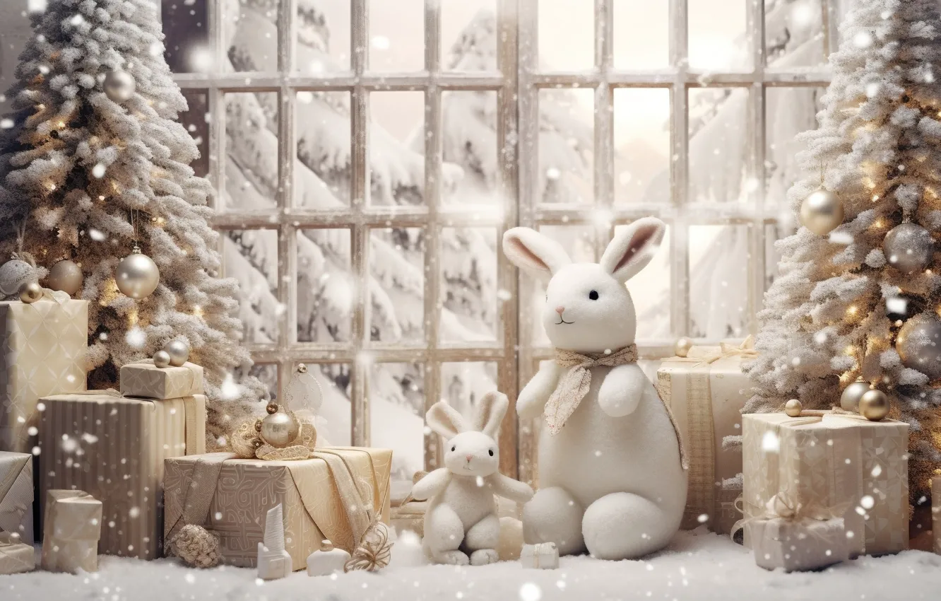 Photo wallpaper winter, snow, balls, tree, New Year, Christmas, gifts, golden
