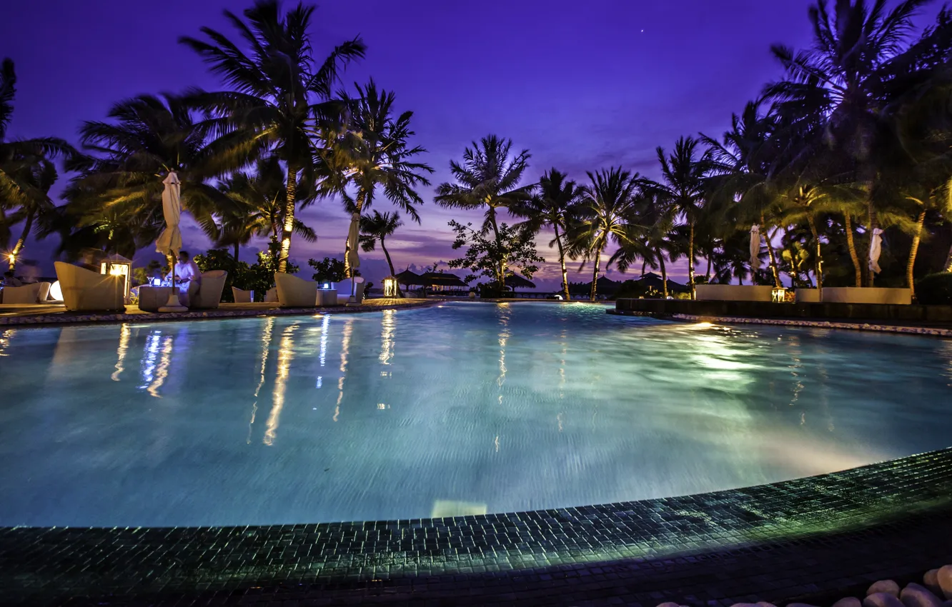 Photo wallpaper tropics, palm trees, the ocean, Villa, the evening, pool, lighting, resort