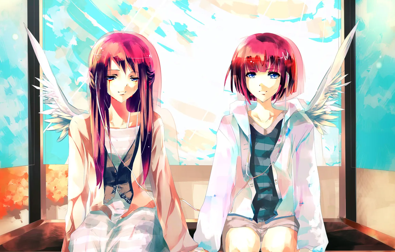 Photo wallpaper the sky, clouds, wings, girl, sitting, art, aiki-ame