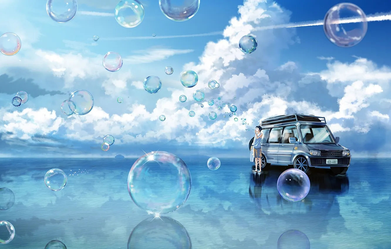 Photo wallpaper machine, the sky, water, clouds, reflection, bubbles, anime, art